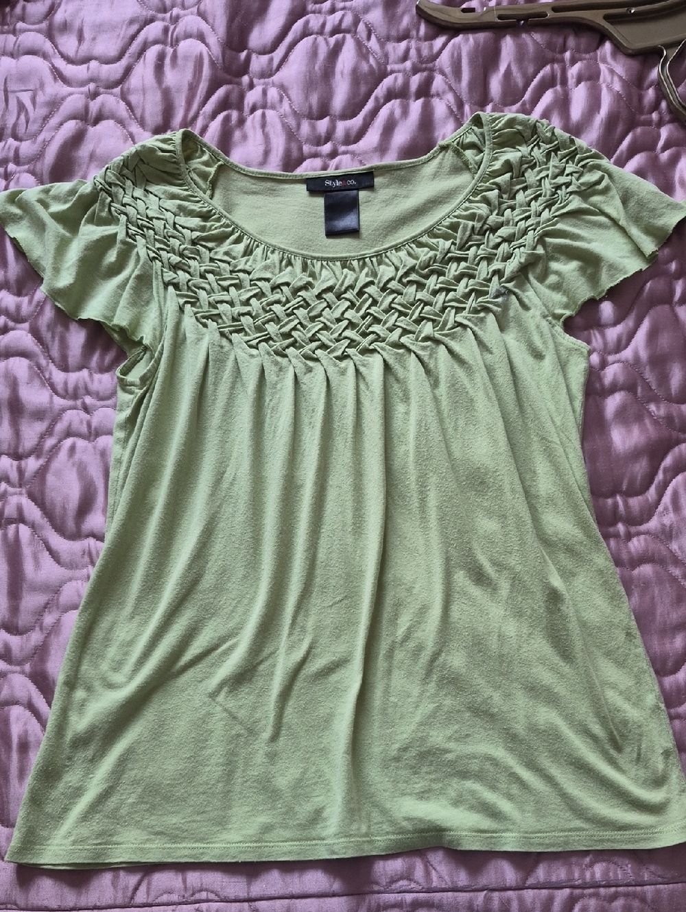 Style & Co. Light Green Short Sleeve Knit Top with Smocked Yoke